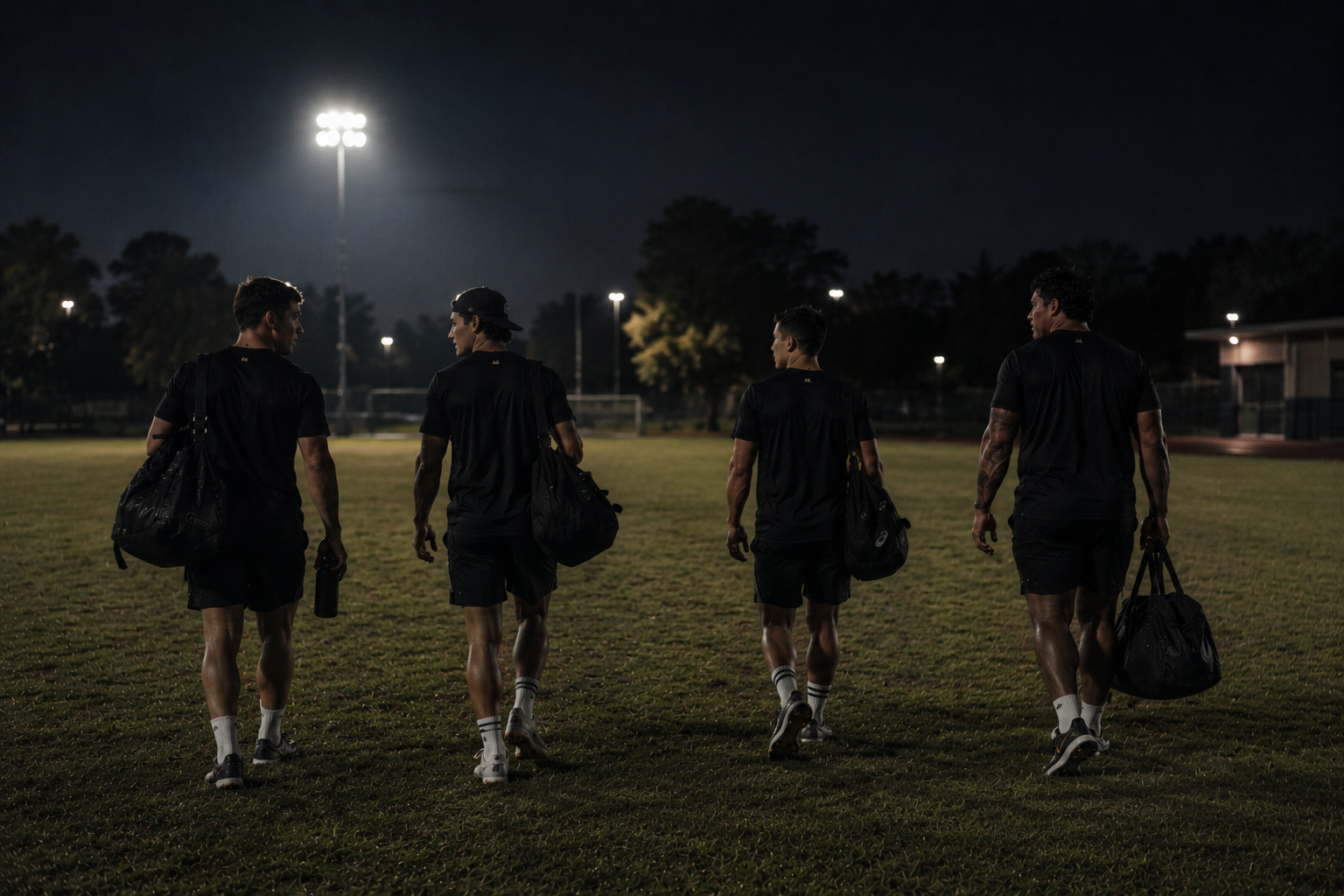 Rugby players training under stadium floodlights